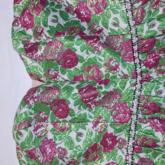 Minuet Strapless Floral Cocktail Dress M Metallic Roses Pink Green Gold Pa - Picture 5 of 5
